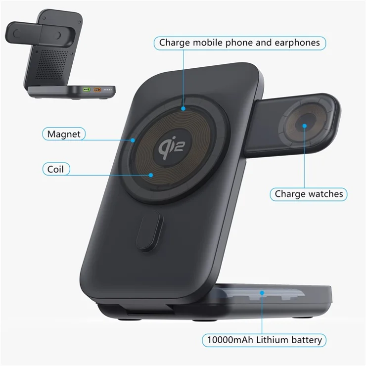Bulk Purchasing MP05 10000mAh Power Bank Qi2 15W Magnetic Phone Watch Earphone Wireless Charger - White Round Panel - Black