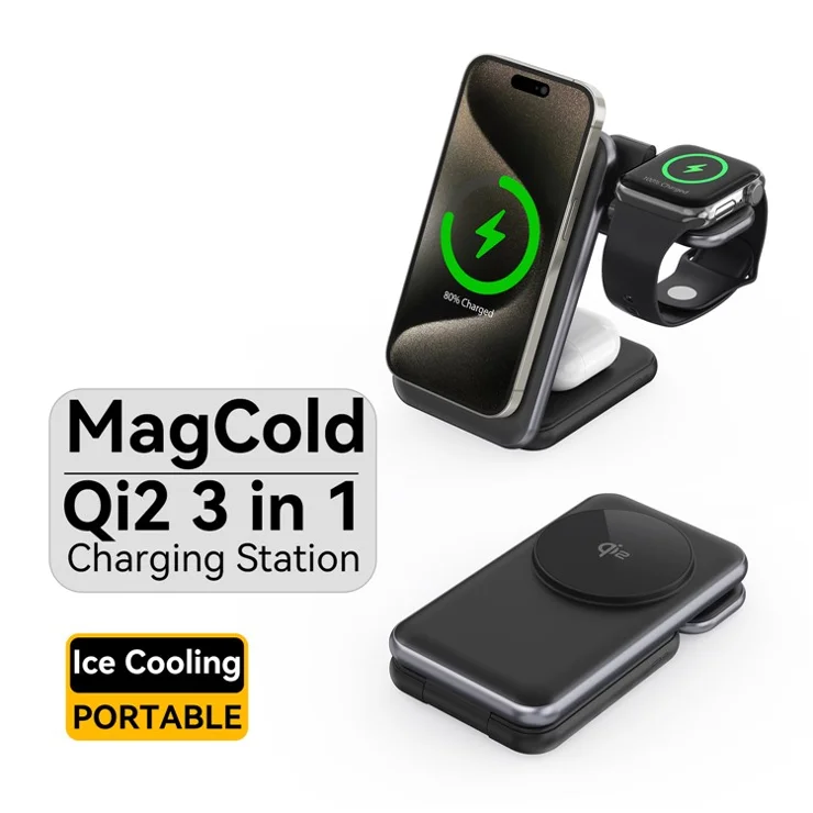 Bulk Purchasing MC1 QI2 3 in 1 Cooling Wireless Charger Desktop Stand for Iphone / Apple Watch / Airpods - Black
