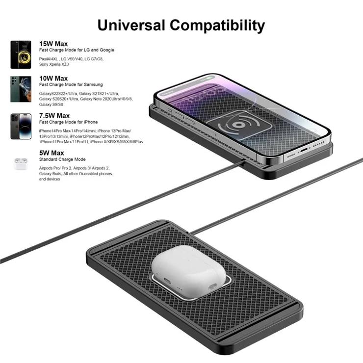D10 15W Car Wireless Charger Non Slip Anti Shake Desktop Fast Charging Pad with 1m Cable for Smartphones - Type C Plug