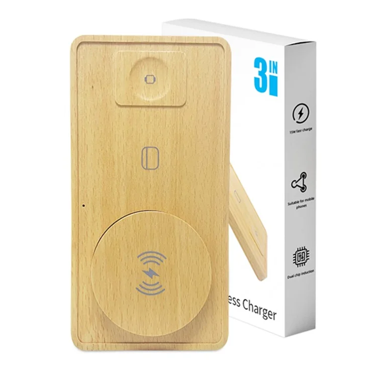 TH05 Ultra Thin 3 In 1 Wooden Wireless Charger 15W Fast Charging Dock for Phone / Earbuds / Watch