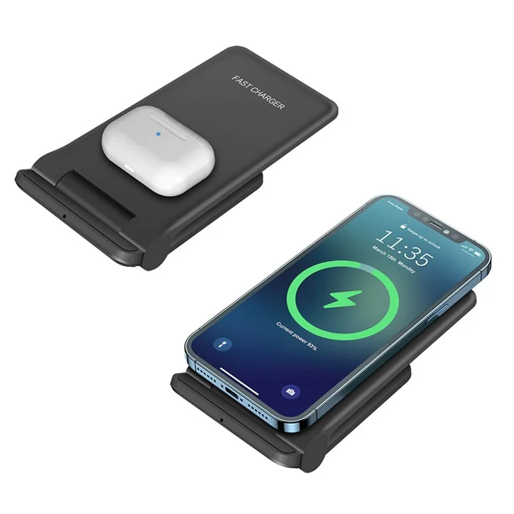 B455 20W Wireless Charger Foldable Phone Stand Holder Angle Adjustable Desktop Mount Holder 5W Wireless Earphone Charger - Black