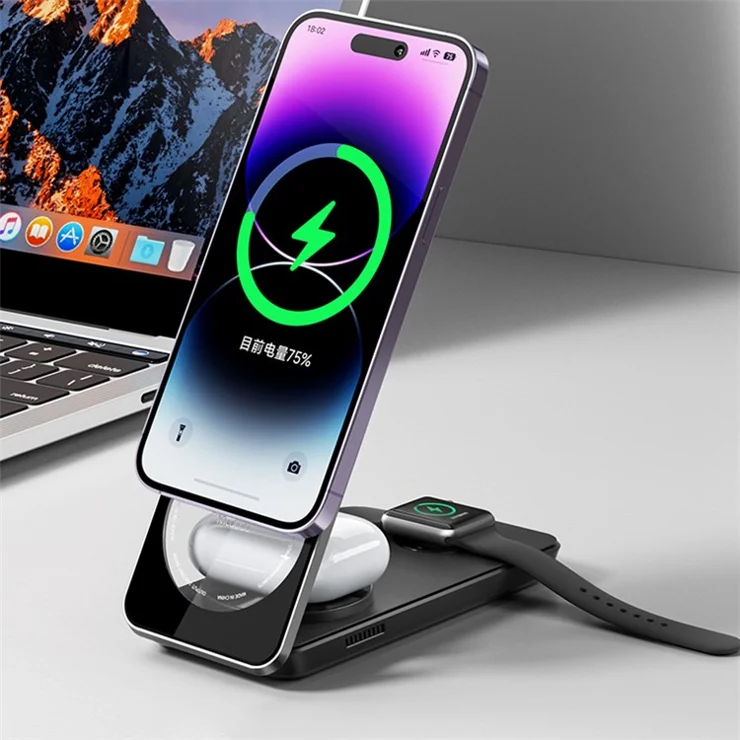 MCDODO CH-115 3-in-1 Magnetic Wireless Charger Strong Adsorption Folding Fast Charging Stand iPhone 12 / 13 / 14 Series Mobile Phones - White