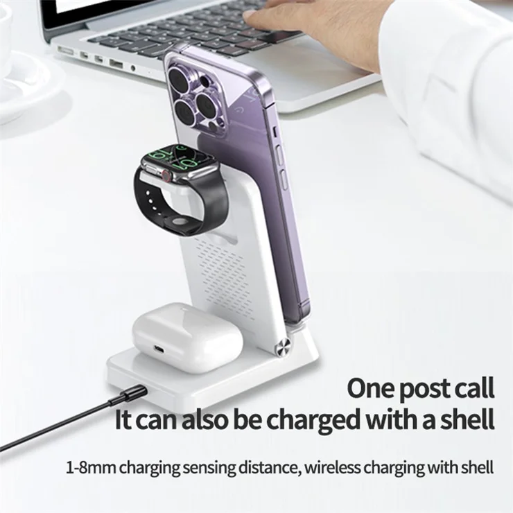 A60 4-in-1 15W Wireless Charger Folding Cell Phone Charging Stand with Clock Bluetooth-compatible Earbuds Smart Watch Charging Station (For Samsung Watch Version) - White