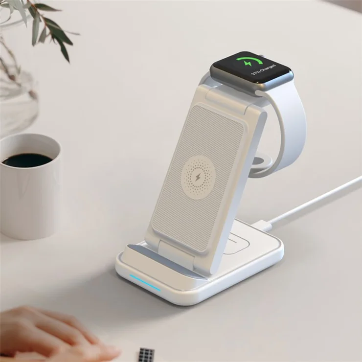 Z3 Portable 15W Wireless Charger Multifunctional 3-in-1 Folding Vertical Headset Charging Stand for Apple Watch - White