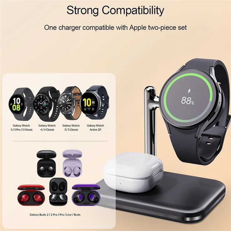 V8S Wireless Charging Station for Samsung Galaxy Buds / Watch , 2-in-1 Magnetic Foldable Wireless Charger Stand - Black