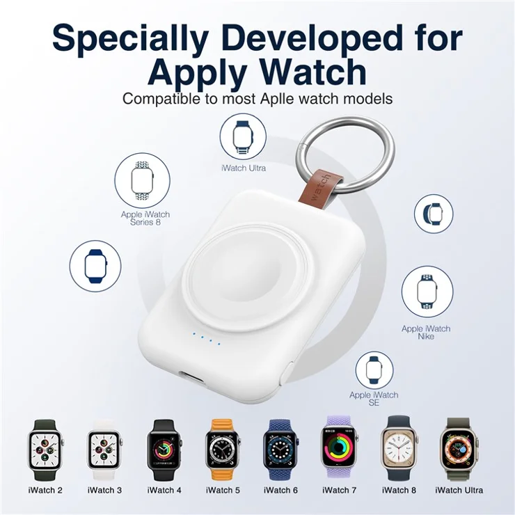 A-04 Portable Mini Wireless Charger for Apple Watch Series 1800mAh Power Bank with Ring Buckle - White