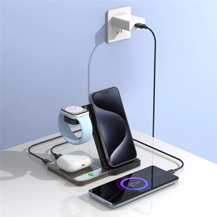 U17-A 5-in-1 Folding Magnetic Wireless Charger Stand for iPhone 12 / 13 / 14 / 15 Series Charging Station - White