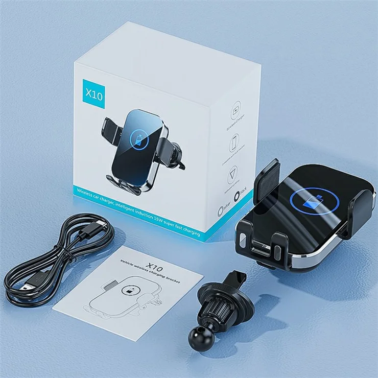 X10 15W Wireless Fast Charging Car Charger Phone Holder Mount Cell Phone Bracket Stand - Black