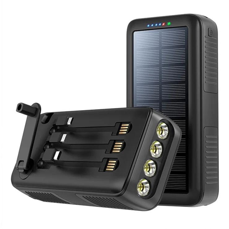 PSOOO PS-618 Hand-cranked Solar Power Bank 30000mAh External Battery Pack Portable Charger with Micro+Type-C+Lightning Cables - Black