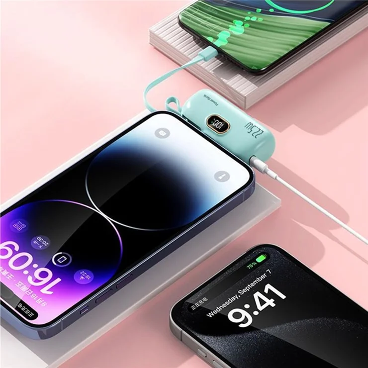 HY-DX628 Mini Portable Charger 10000mAh Power Bank 22.5W Battery Pack with Type-C Plug and 8-Pin Cable - White