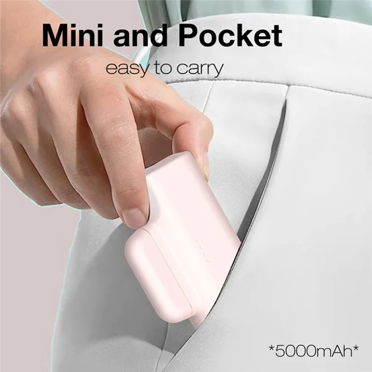 Mini Capsule Power Bank 5000mAh Portable Battery Pack with 2-in-1 Type-C+iP Connector - Pink
