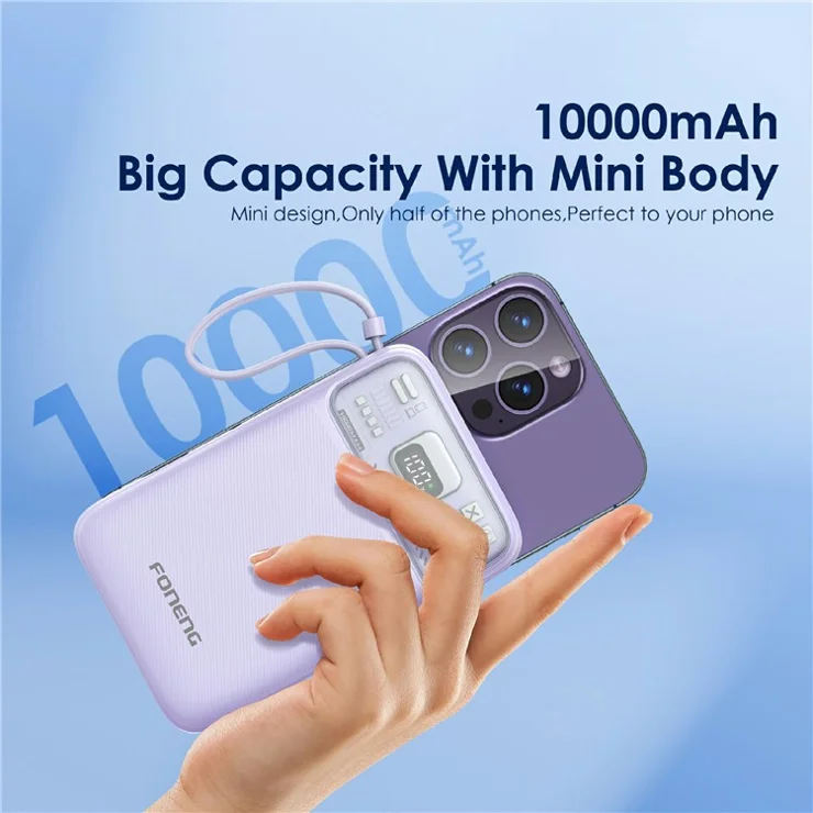 FONENG PX112 15W Wireless Magnetic Fast Charging 10000mAh Power Bank Built-in iP+Type-C Cables - Sky Blue