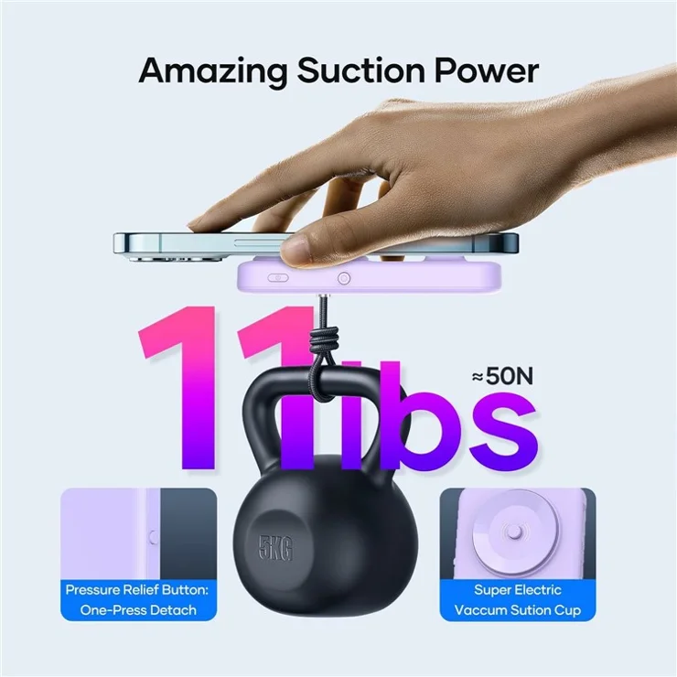 COOSTART K8 5000mAh Power Bank Electric Suction 15W Wireless Charger Phone External Battery - Purple