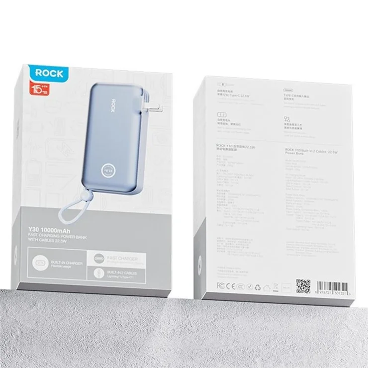 ROCK Y30 10000mAh Power Bank 22.5W Fast Charging External Phone Battery Pack Built-In Dual Cable