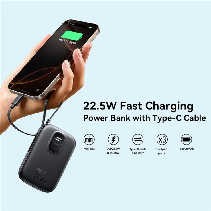 JOYROOM JR-PBF17 10000mAh Power Bank 22.5W Fast Charging Battery with Built-In Type-C Cable