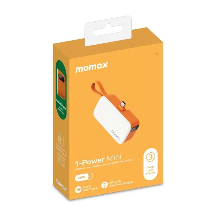 MOMAX 1-Power Mini Pop Art Portable Charger With Built-In Cable For USB C 5000mAh 20W Fast Charging 3 Port Power Bank - Orange