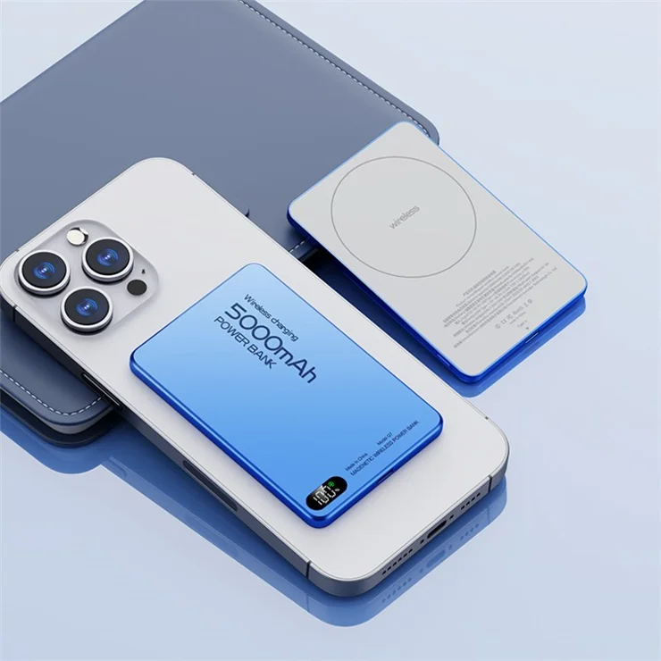 Q7 5000mAh Ultra Thin Magnetic Power Bank 15W Fast Charging Wireless Charger with Digital Display - Sky Blue