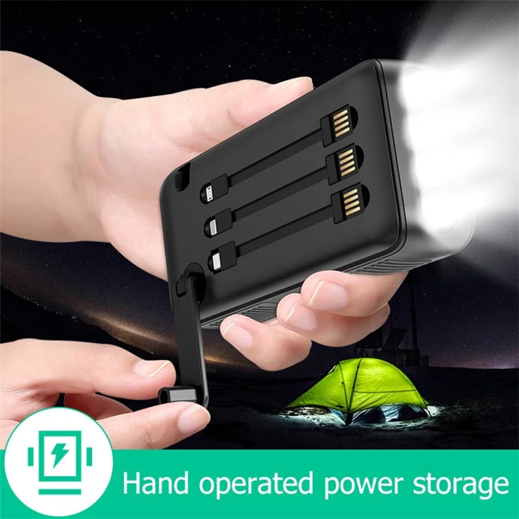 SY-618 Hand Crank 30000mAh Solar Power Bank Dual USB Charger Phone External Battery with Lightning / Type-C / Micro Cable - Black