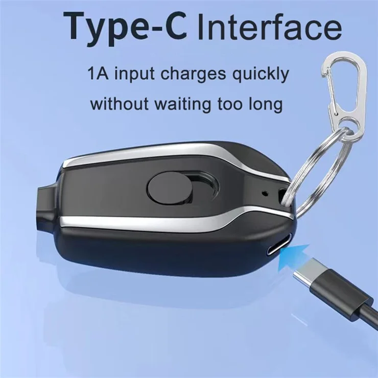 TS-822 Mini Size Keychain 1200mAh Phone Charger Portable Emergency Cellphone Charger Battery Pack Easy Charging Backup Power Bank - Black / Type-C