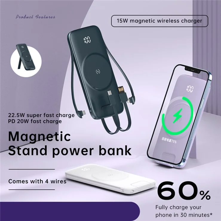 P3 22.5W Fast Charging Power Bank 10000mAh Magnetic Wireless Charger External Battery Pack with Kickstand Function - Light Purple