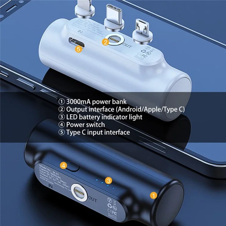 M-01 3000mAh Power Bank Fast Charging Portable Phone Charger Mini Emergency Travel Charger with 3 Magnetic Adapters - Black