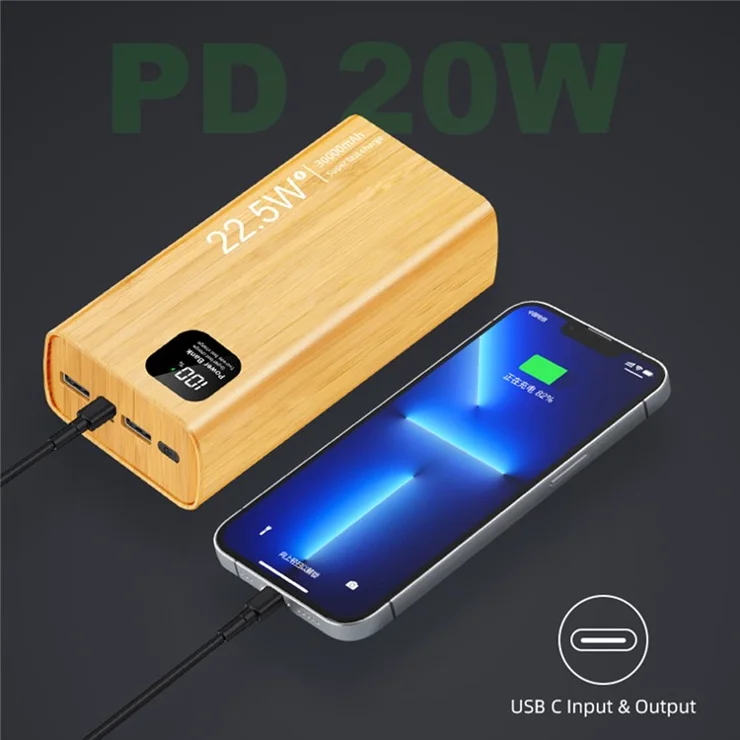 M7-C-M3 30000mAh External Battery Pack with Digital Display Wood Grain Power Bank