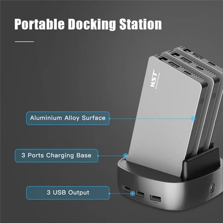 WST WP931 Charging Station Multi Interface Power Supply Kit 3 Built-in Cable Power Banks with 1 Charging Base - EU Plug / Silver