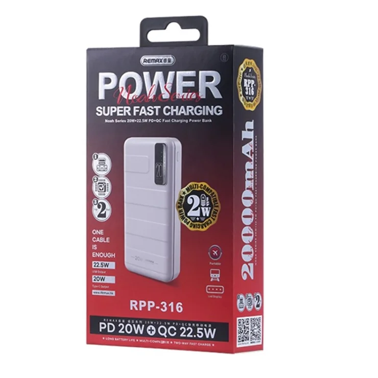 REMAX RPP-316 20W+22.5W PD+QC Fast Charging Power Bank 20000mAh Portable Phone Charger - Blue