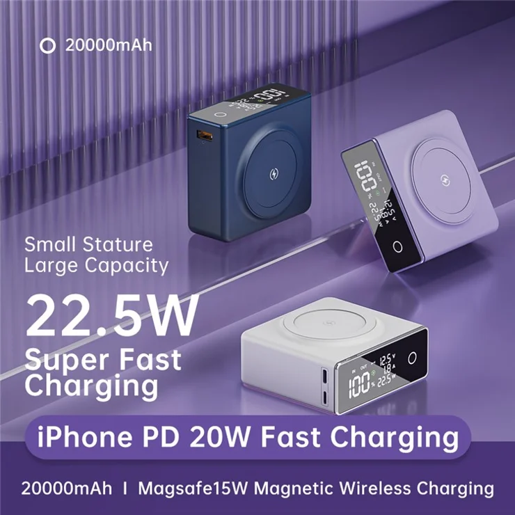 Q7 15W Magnetic Wireless Phone Charger 20000mAh Power Bank Portable External Battery Pack - Blue
