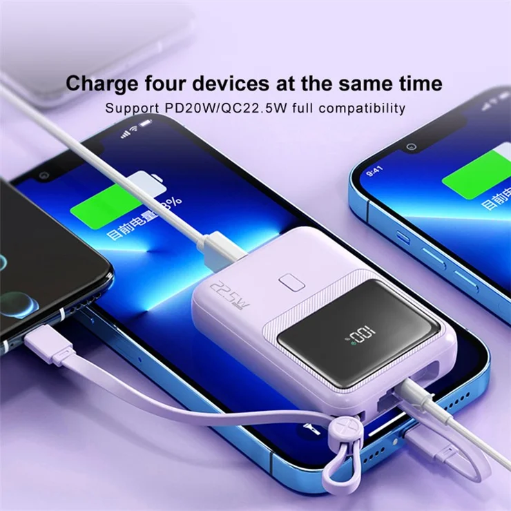 ZUZG ZP-J45X 22.5W+PD 20W Cabled Super Fast Charging Power Bank 10000mAh Portable Phone Charger - Purple