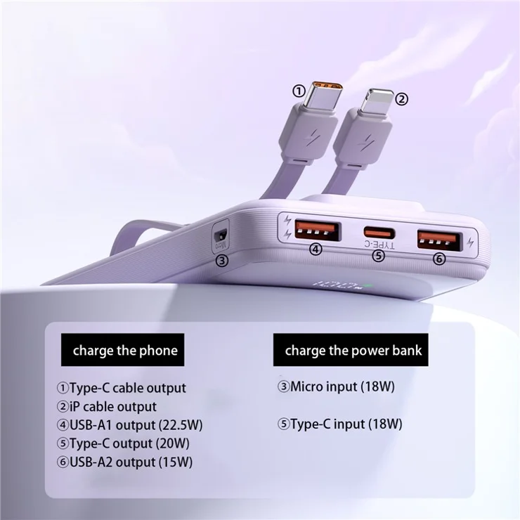 ZUZG-J46-10000mAh Phone Power Bank QC 22.5W+PD 20W Fast Charging Battery Charger with Cable Digital Display - Purple
