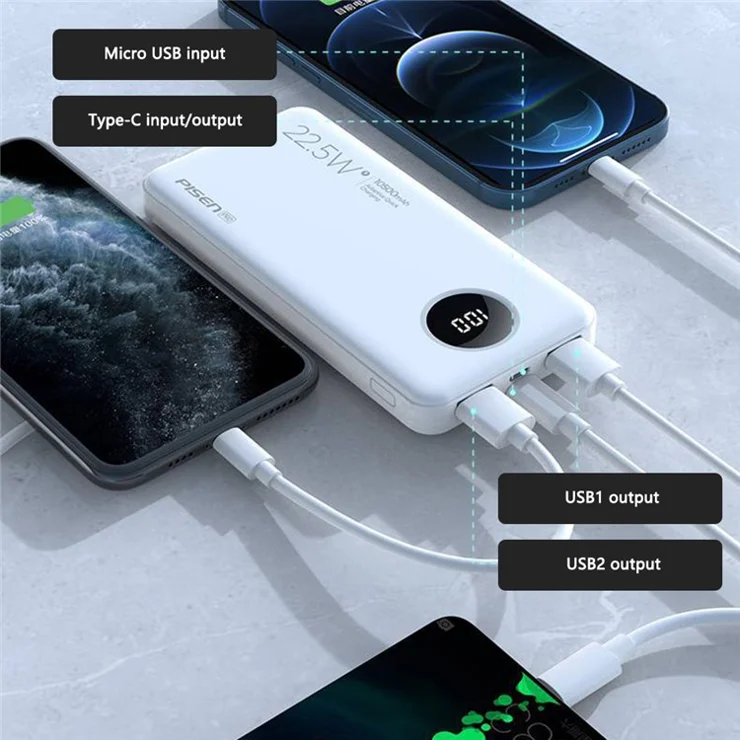 PISEN 10500mAh Power Bank 22.5W Dual Way Fast Charging Digital Display Phone Battery