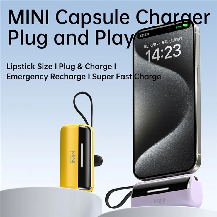 CYKE X3 5000mAh Capsule Shape Power Bank 8Pin Plug Phone External Battery with Built-in Type-C / USB Cable - Black