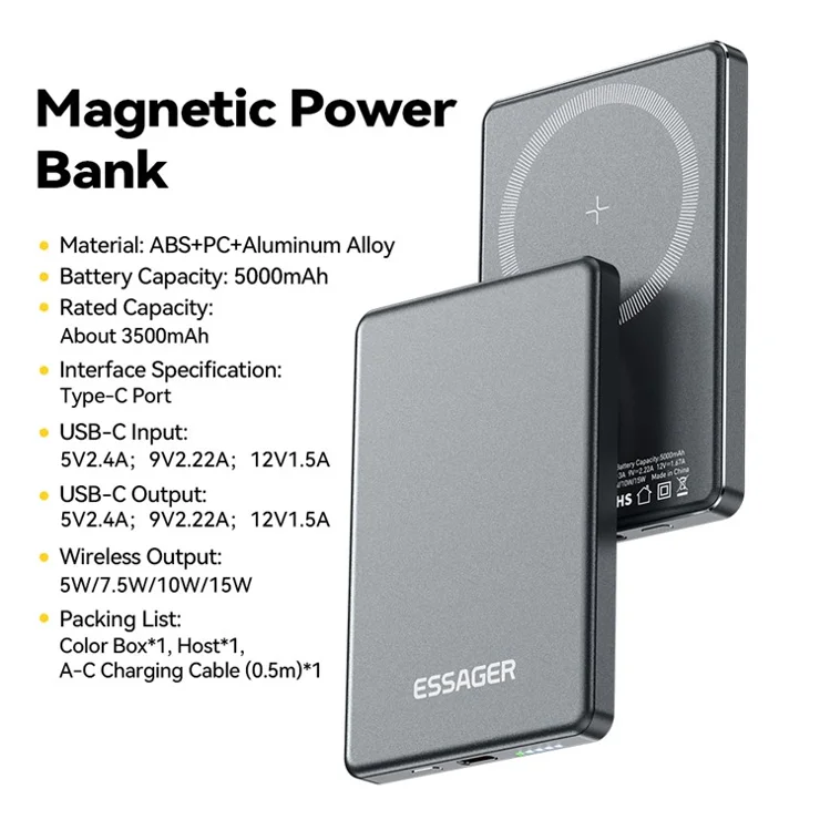 ESSAGER Magnetic Power Bank 5000mAh Ultra Slim Wireless Charging Battery Pack - Dark Grey