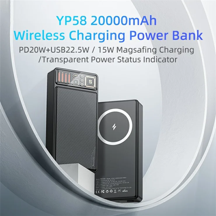 YESIDO YP58 20000mAh Battery Pack Magnetic Power Bank with Type-C+USB Dual Output
