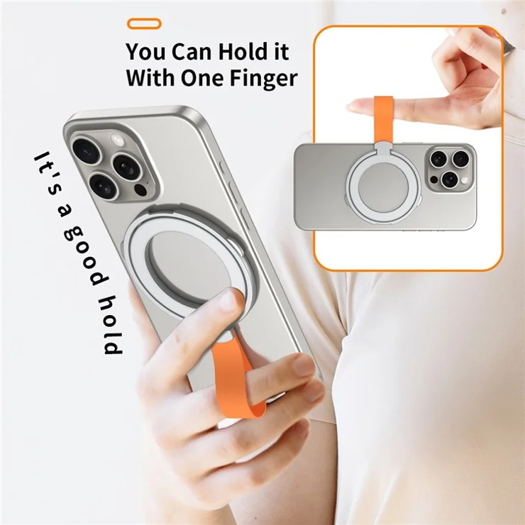 Magnetic Phone Grip Compatible with MagSafe Dual Ring Holder Phone Kickstand Foldable Stand with Strap - Silver+Silver