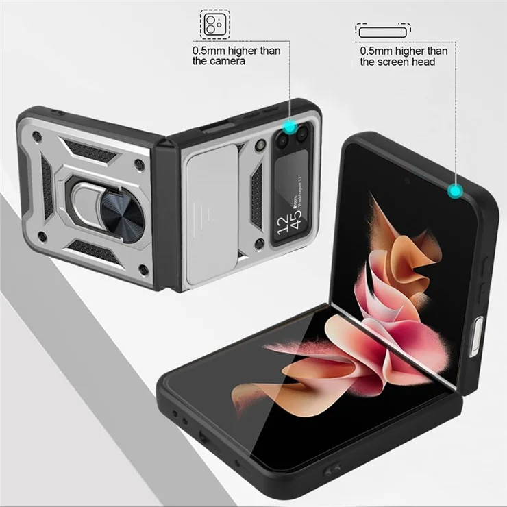 For Samsung Galaxy Z Flip4 5G Anti-wear Phone Shell Slide Camera Protection PC + TPU Ring Kickstand Anti-scratch Phone Cover Case - Silver