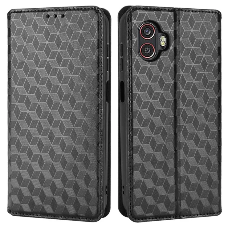 For Samsung Galaxy Xcover6 Pro 5G Shock Absorption Phone Cover Rhombus Pattern Imprinted Cell Phone Leather Wallet Case Stand - Black