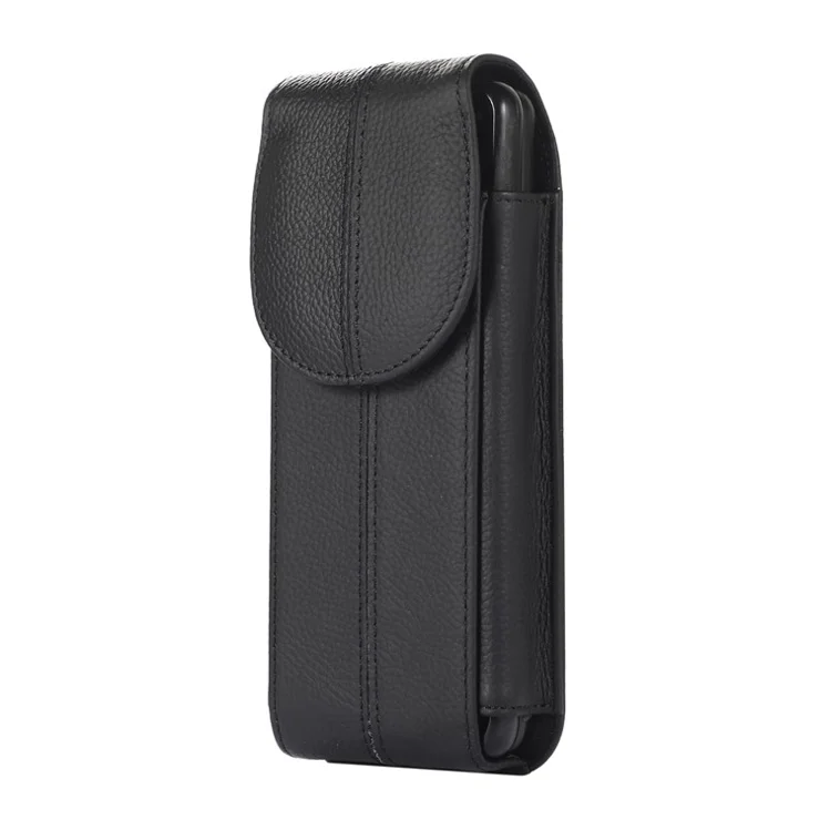 For Samsung Galaxy Z Fold3 5G Genuine Cowhide Leather Holster Vertical Phone Bag with Belt Loop and Carabiner - Black