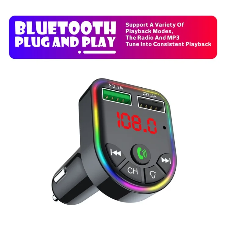 F5 Car Bluetooth-compatible 5.0 MP3 Player FM Transmitter Handsfree Audio Receiver Dual USB Fast Charger Support TF Card/U Disk