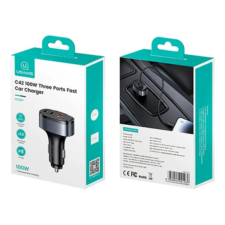 USAMS CC257 C42 100W Type-C + USB + iP Three Ports Aluminum Alloy Fast Car Charger