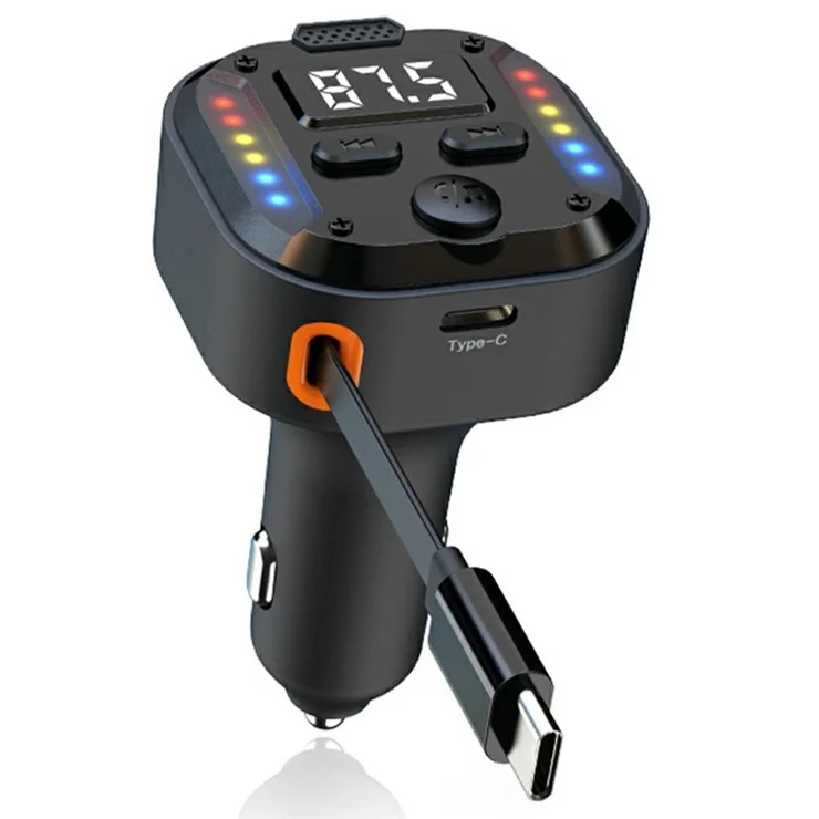 C69 Bluetooth-compatible Car Charger with Type-C Extendable Cable PD 30W Fast Charger FM Transmitter Hands Free Calling