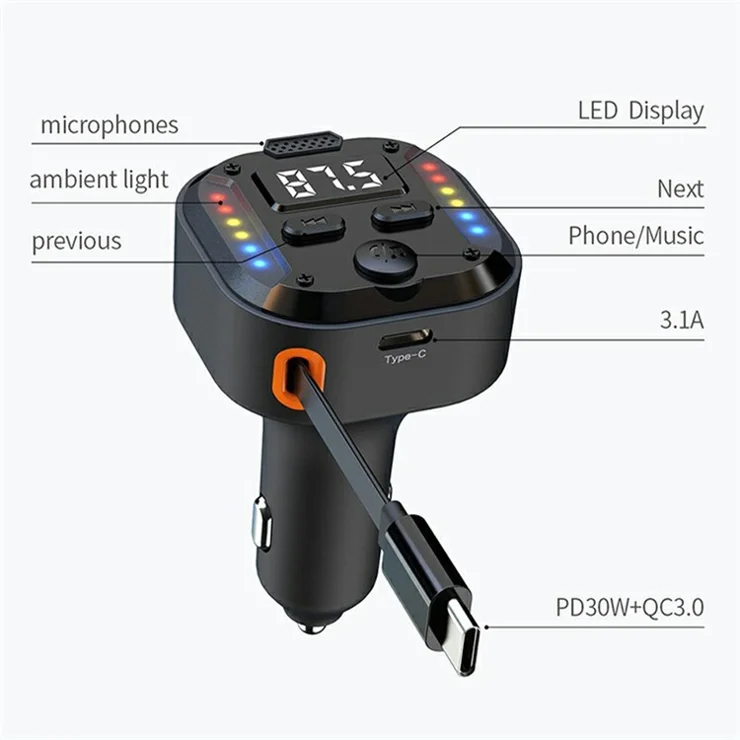 C69 Bluetooth-compatible Car Charger with Type-C Extendable Cable PD 30W Fast Charger FM Transmitter Hands Free Calling