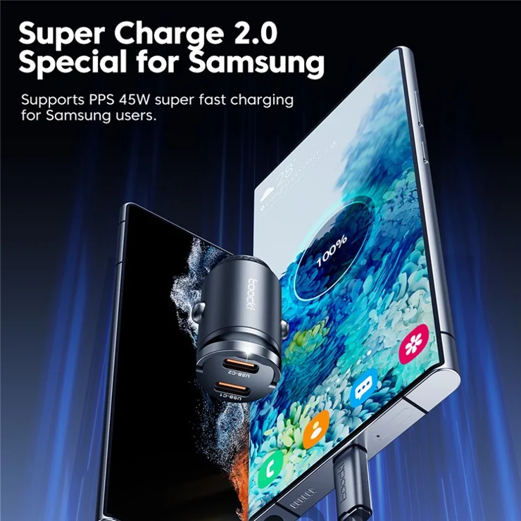 TOOCKI TQ-CC34B Car Charger Dual USB-C 45W Fast Charging Adapter with Pull Ring
