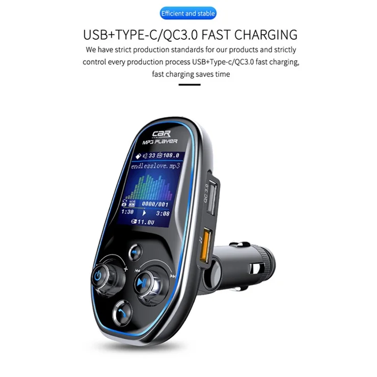 BT29A EQ FM Bluetooth-compatible Transmitter Car MP3 TF/U Disk Player with QC 3.0 + Type-C Fast Charging