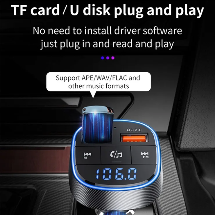BC57 QC3.0 Fast Car Charger Bluetooth-compatible 5.0 FM Transmitter MP3 Player Adapter Car Kit Support Hands-free BT Calling/U-disk/TF Card