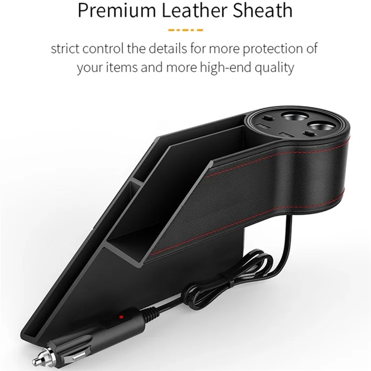 C15 Multifunctional Dual USB Port Cigarette Lighter Car Charger with Seat Gap Storage Box Seat Organizer Card Phone Holder