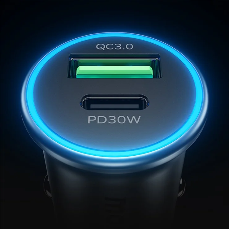 MOMAX PD 30W Type-C+USB Phone Fast Charging Adapter ABS+Aluminum Alloy Car Charger (CE Certified) - Dark Grey