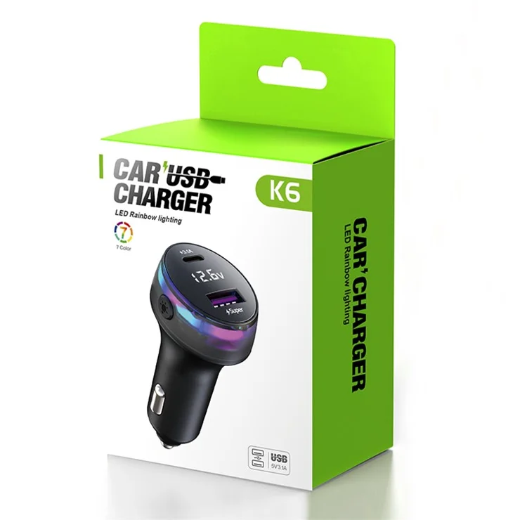 K6 Cellphone Fast Charging Adapter with Colorful Light USB+Type-C Car Charger Cigarette Lighter