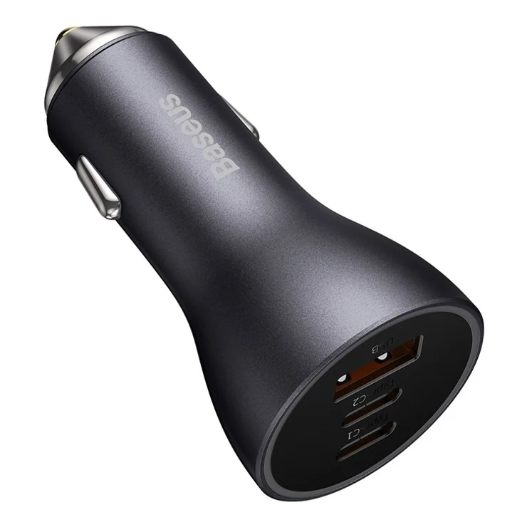 BASEUS Golden Contactor Pro Triple Fast Charger Car Charger USB+2 Type-C Ports 65W Vehicle Charger Adapter for iPhone Android Devices - Dark Grey